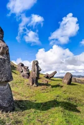 Famous Moai statues seen on the hillside of an Easter Island tour