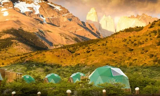 Geodesic EcoCamp buildings near Patagonia mountains