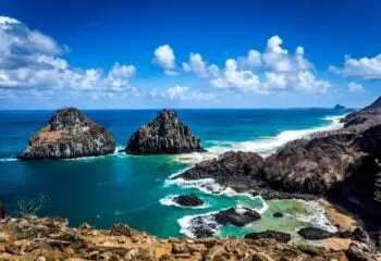 Rocky shore of Fernando de Noronha archipelago in Brazil