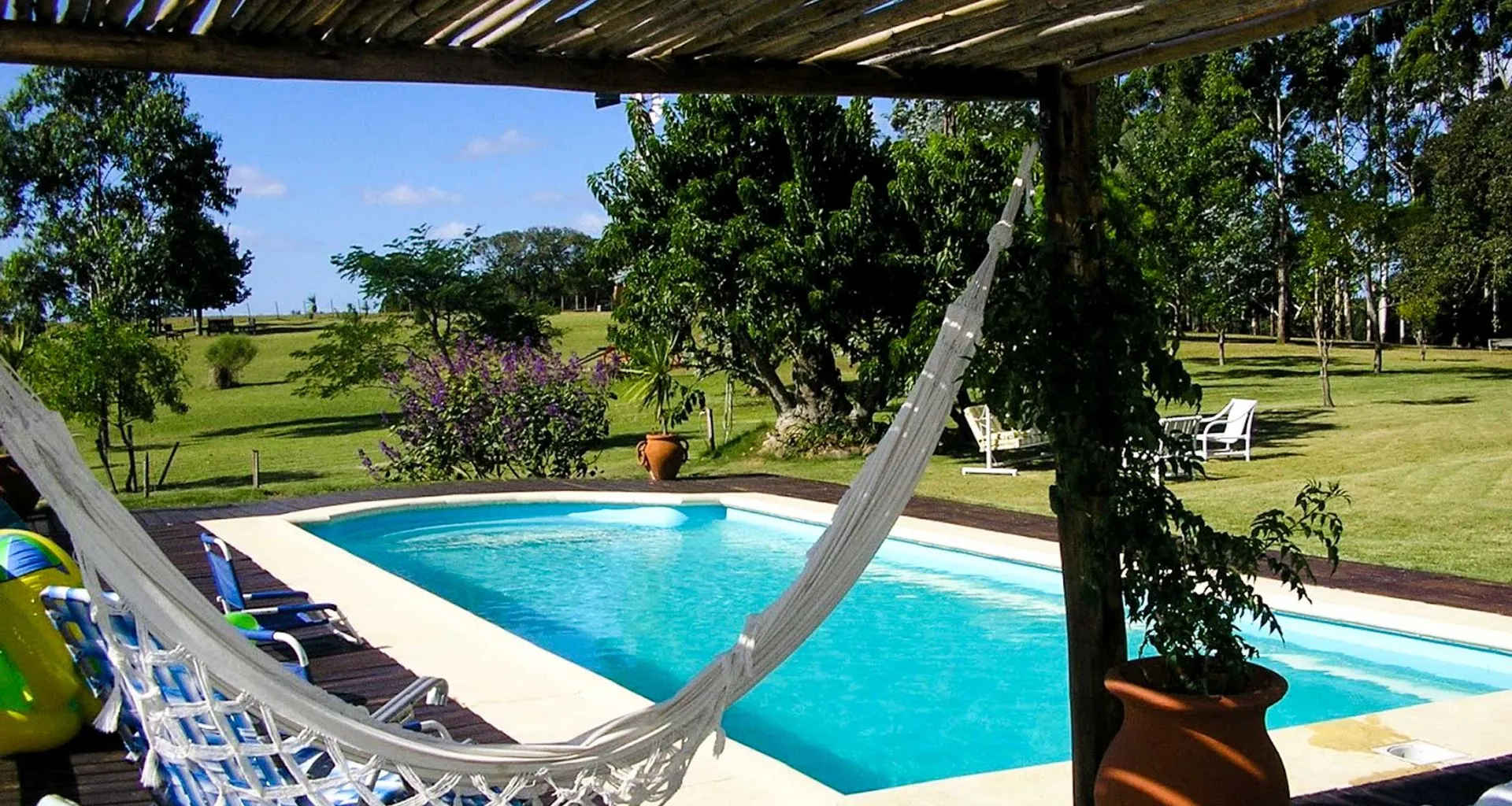 Hammock hangs near pool and trees