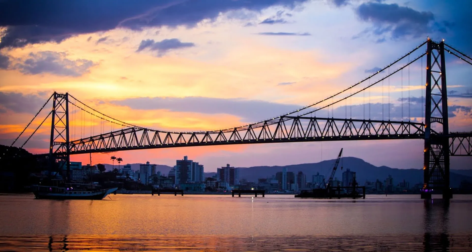 Hercilio Luz Bridge in Brazil at sunset