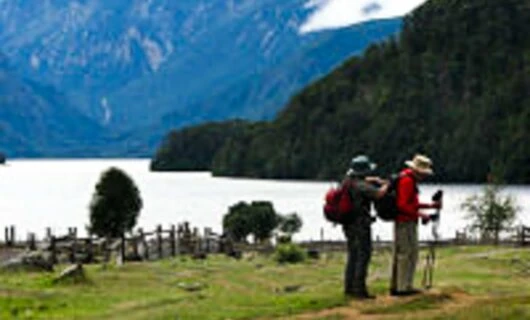 Travelers with backpacks pause near lake