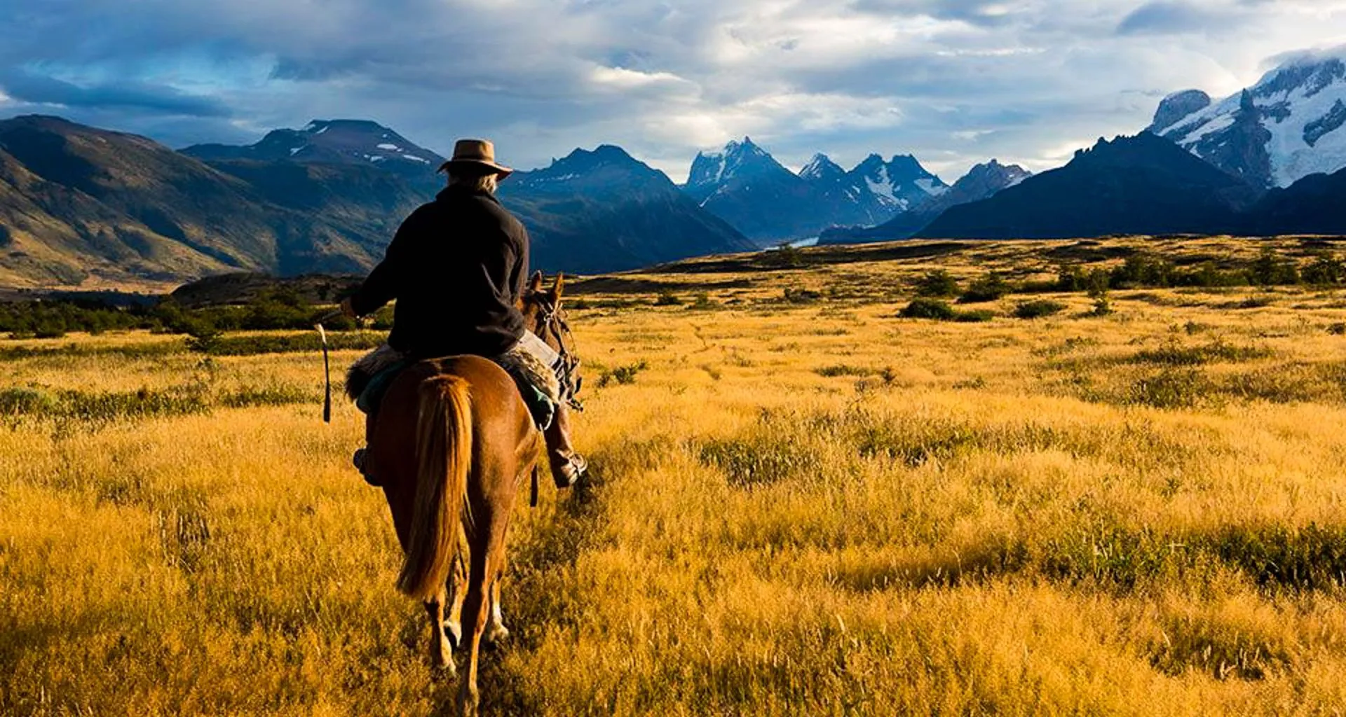 Horseback rider in field of Patagonia valley