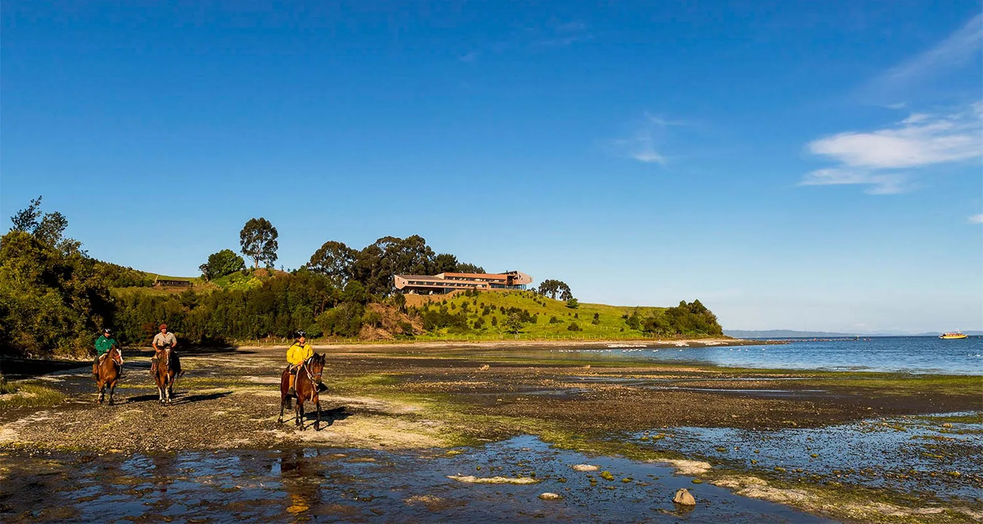Travelers ride horses along coast