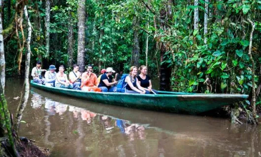 Tour group rides through jungle in long canoe