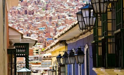 Small street with colorful buildings in La Paz, Bolivia