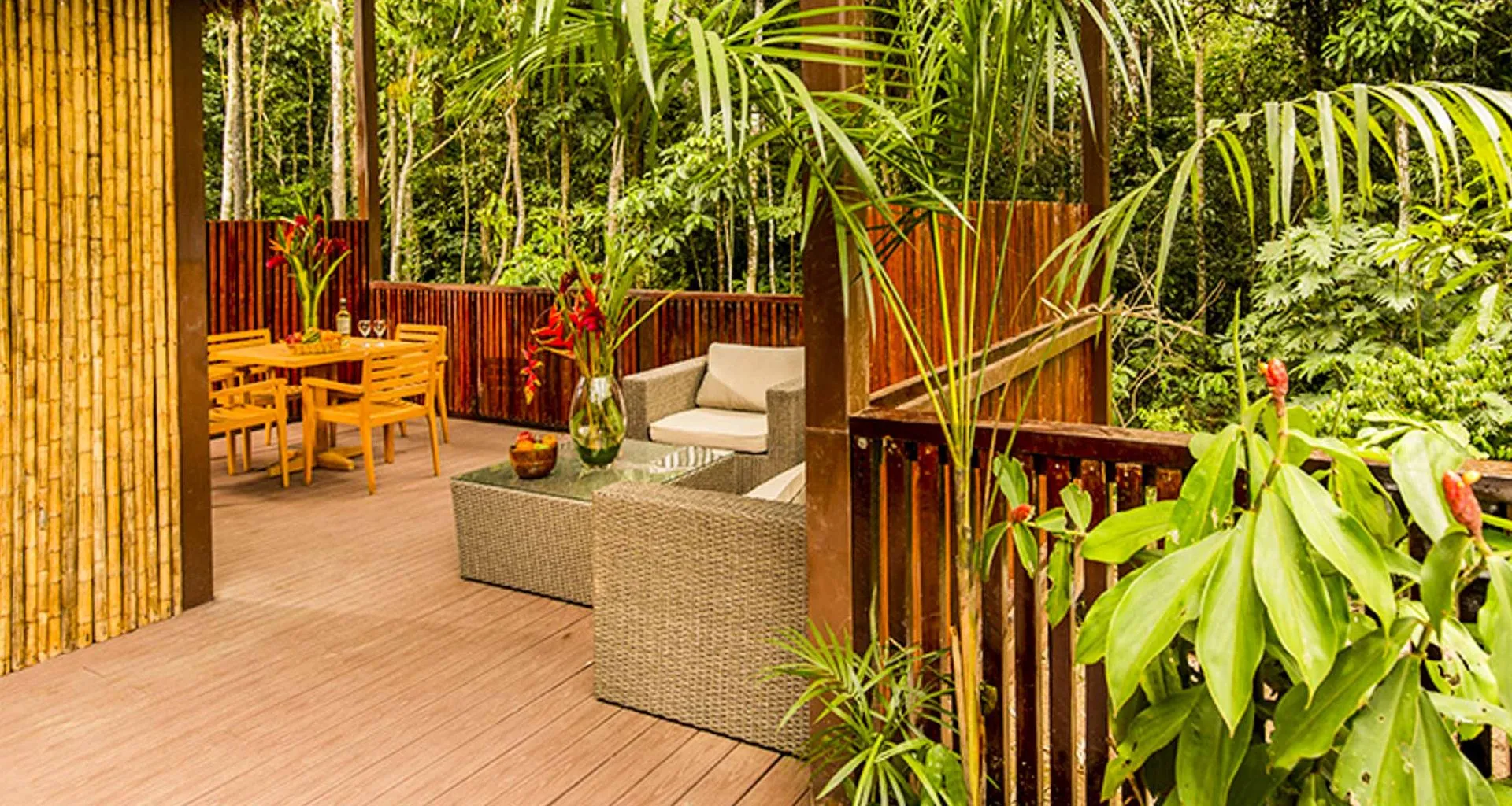Chairs on leafy porch at resort
