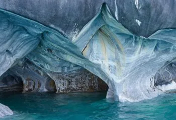 inside the mable caves in chilean patagonia