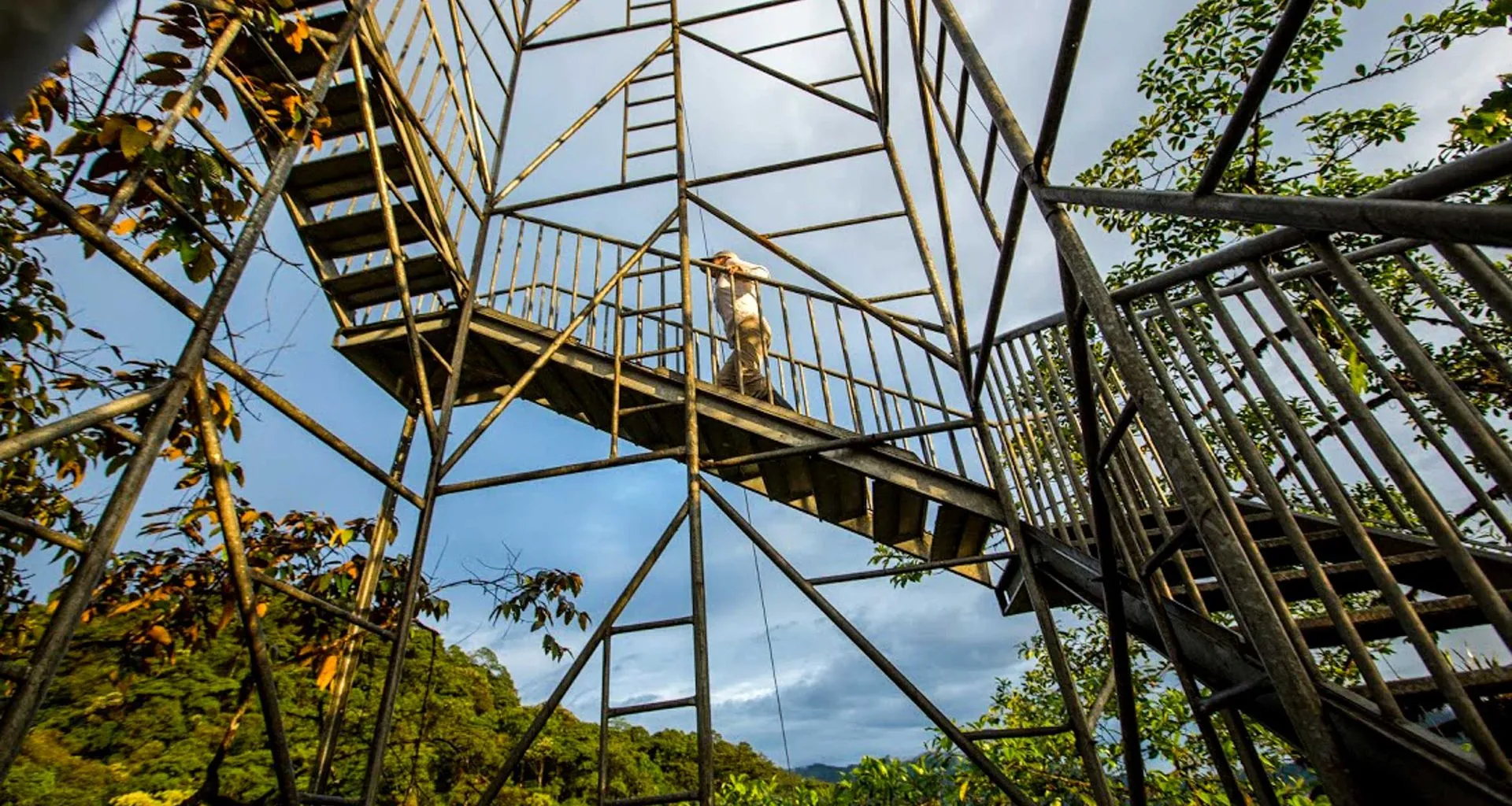 Person climbs large outdoor staircase at Mashpi Lodge