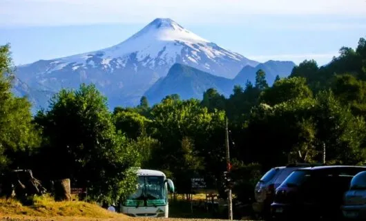 Parking lot in front of mountain peak