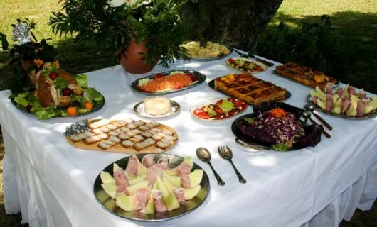 Food dishes arranged on outdoor table