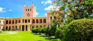 Beautiful view of the Presidential Palace and the estate gardens during a Paraguay Travel tour.