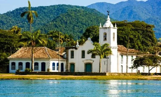 Church near water in Paraty, Brazil