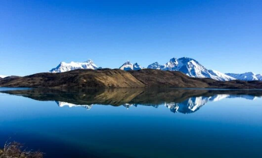 Reflection of Patagonia mountains in still lake
