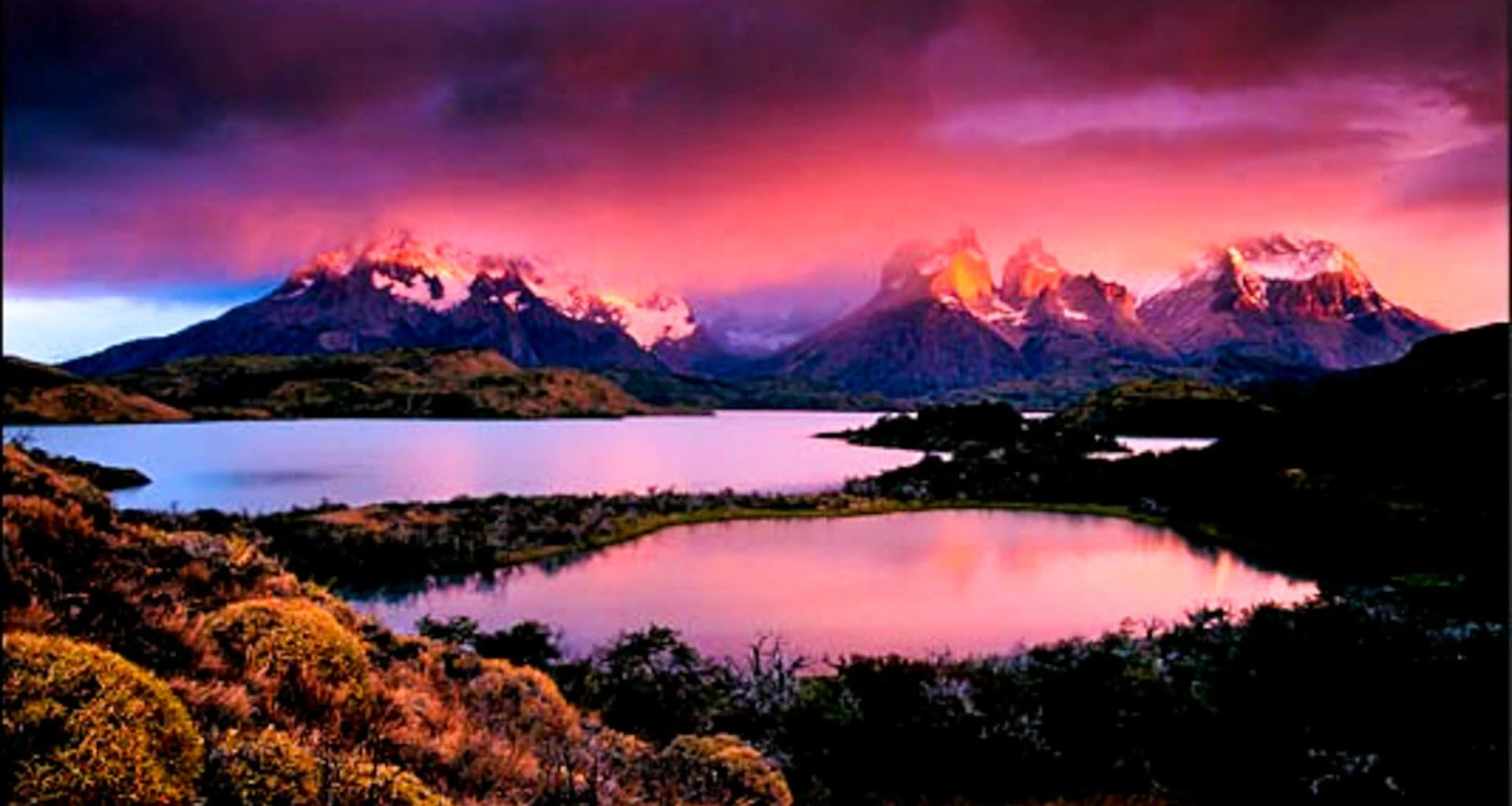 Sunset over Patagonia lakes