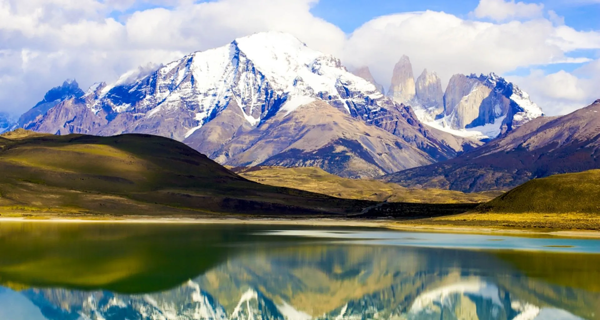 Torres del Paine mountains reflected in lake