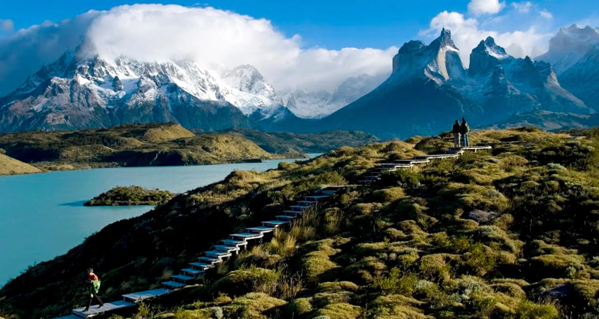 Stairway up hill near Patagonia lake and mountains