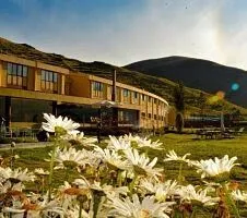 sunny view of hotel and yard