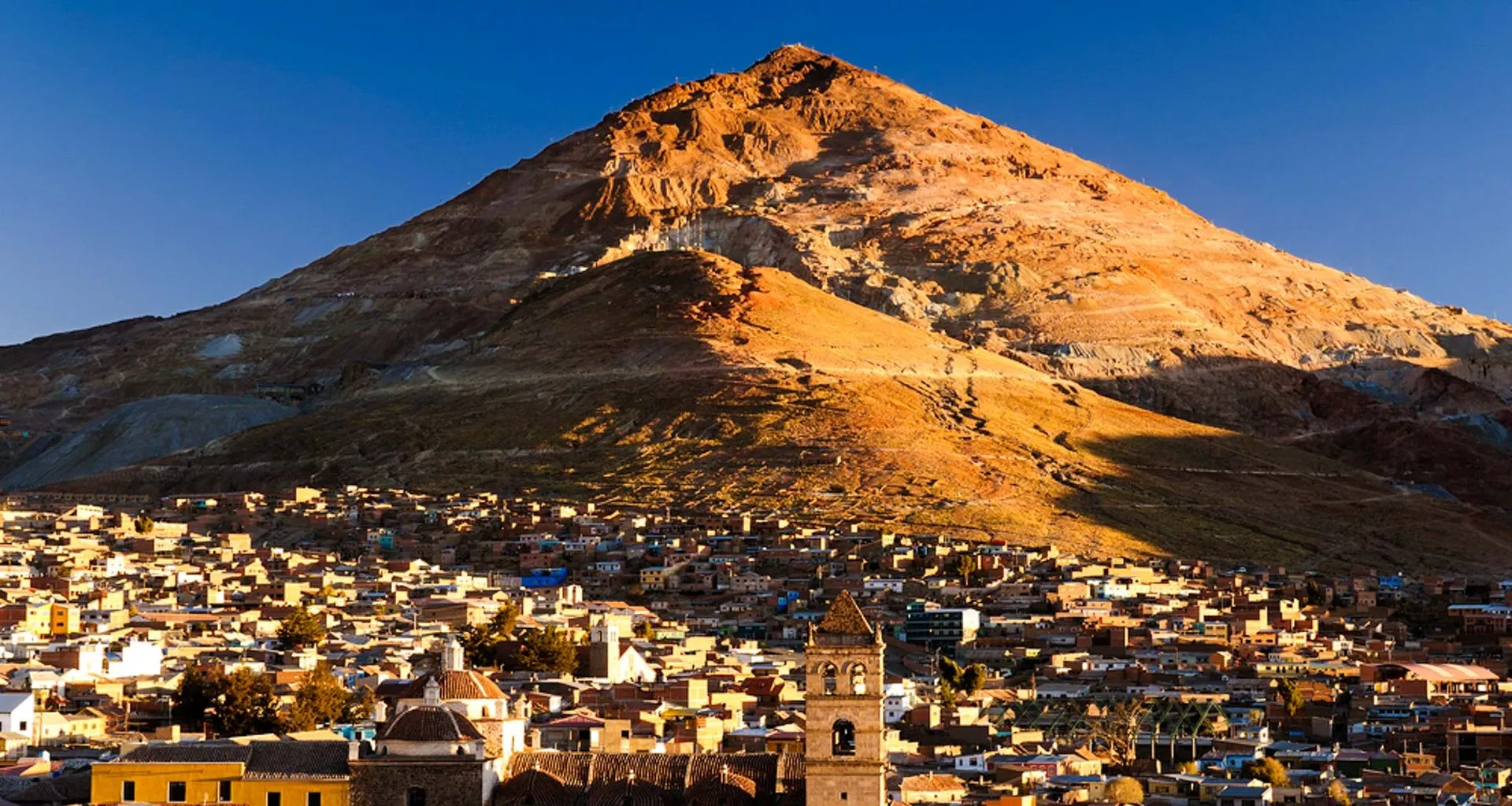 Mountain rises behind town of Potosi, Bolivia