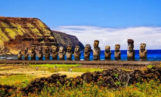 Row of statues on coast of Easter Island