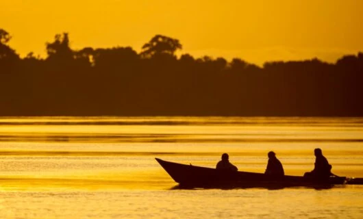 Canoe on jungle river at sunset