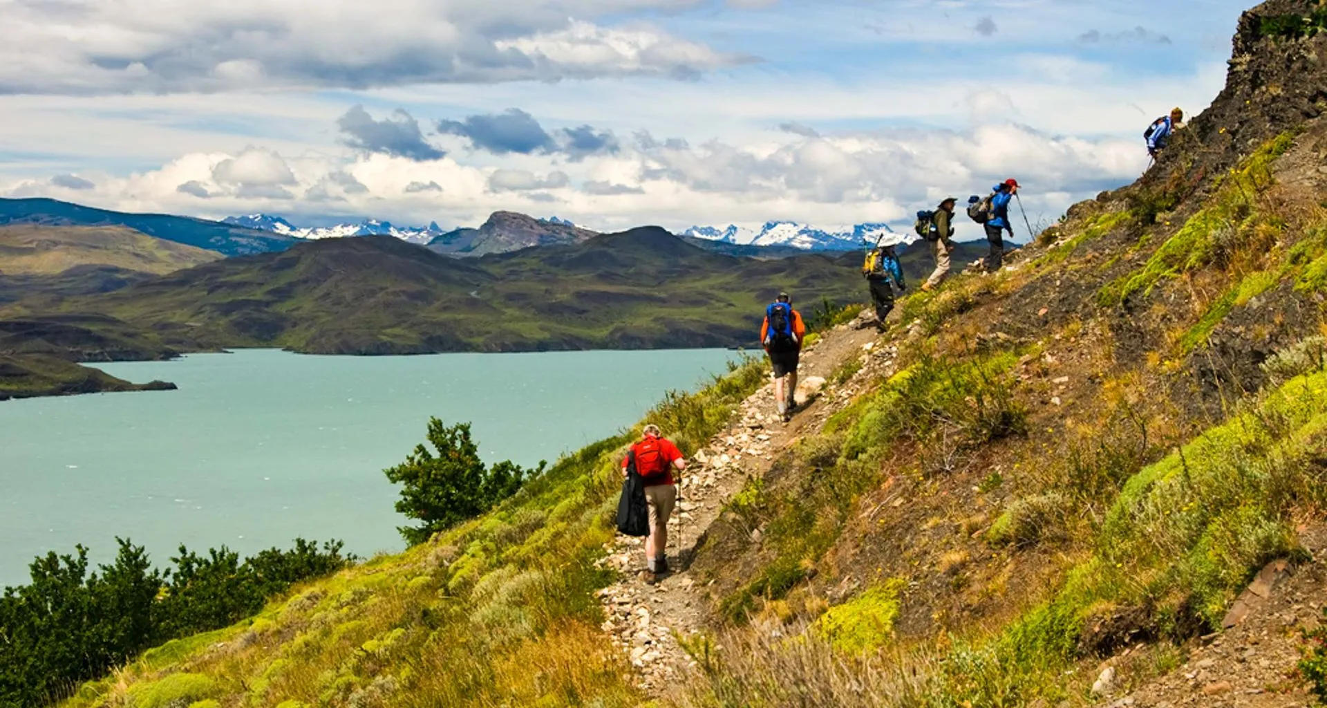 Hikers climb trail in Torres del Paine National Park