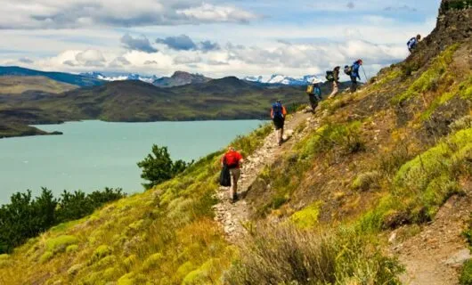 Hikers climb trail in Torres del Paine National Park
