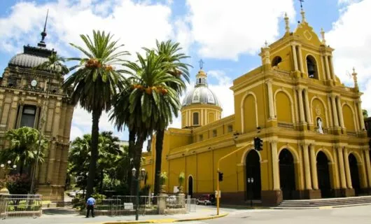Street with large buildings in Tucuman, Argentina