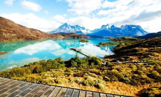 Walkway near Patagonia mountains and lake