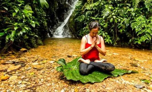 Woman sits on large leaf near waterfall to do yoga
