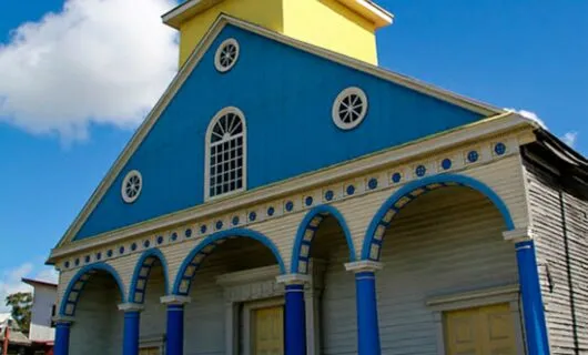 Blue and yellow church in Chonchi, Chile