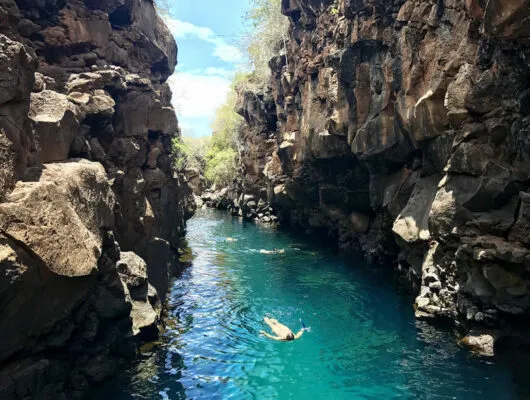 People snorkeling between cliffs in the Galapagos