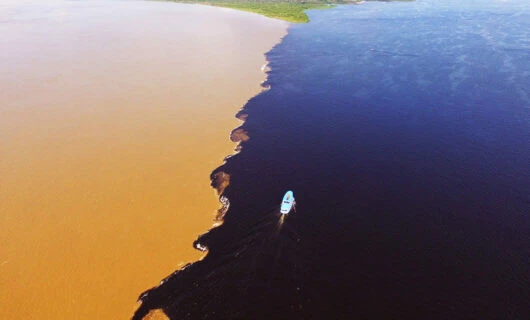 Aerial view of the meeting of the waters in the Amazon