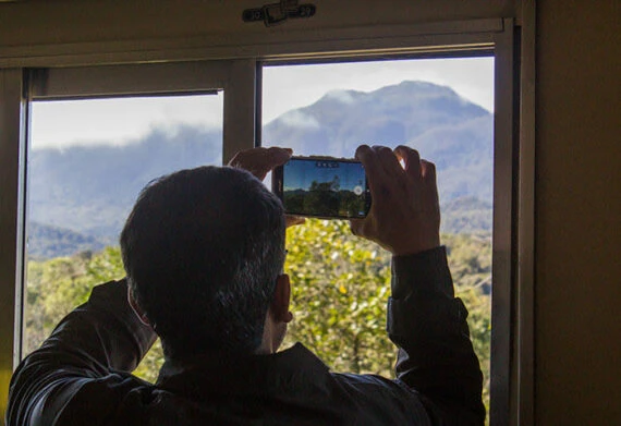 Atlantic Rainforest train ride with passenger taking a photo out the window