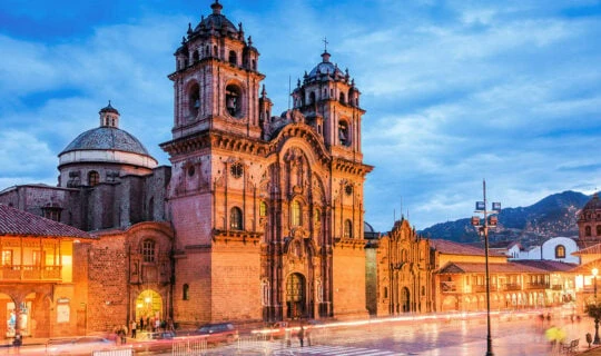 Grand Cathedral in Cusco at dusk