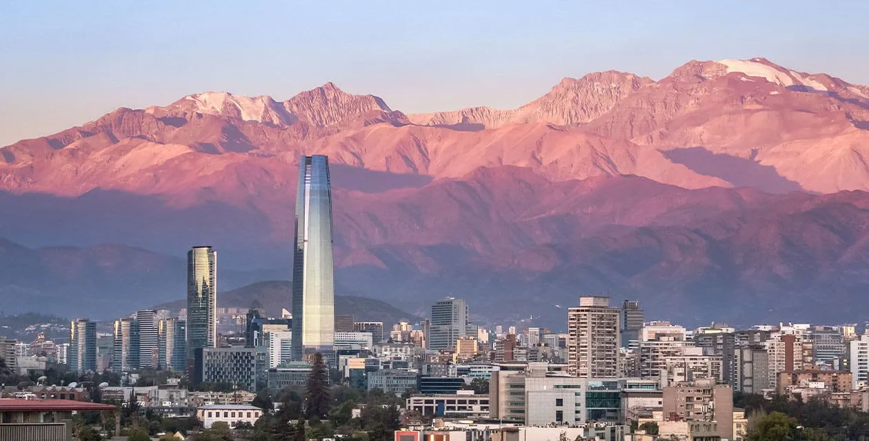 Santiago cite center with Andes mountains at sunset
