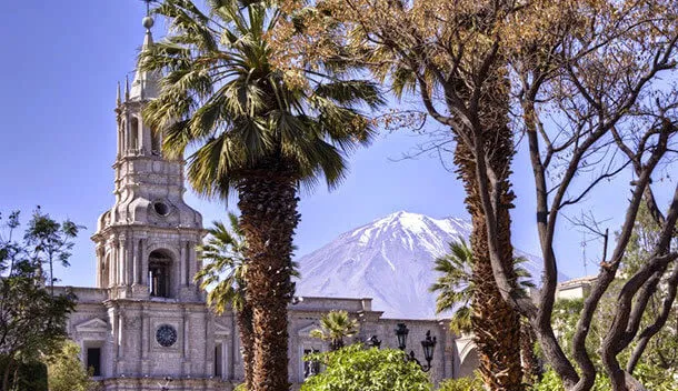 el misti volcano behind the white arequipa cathedral