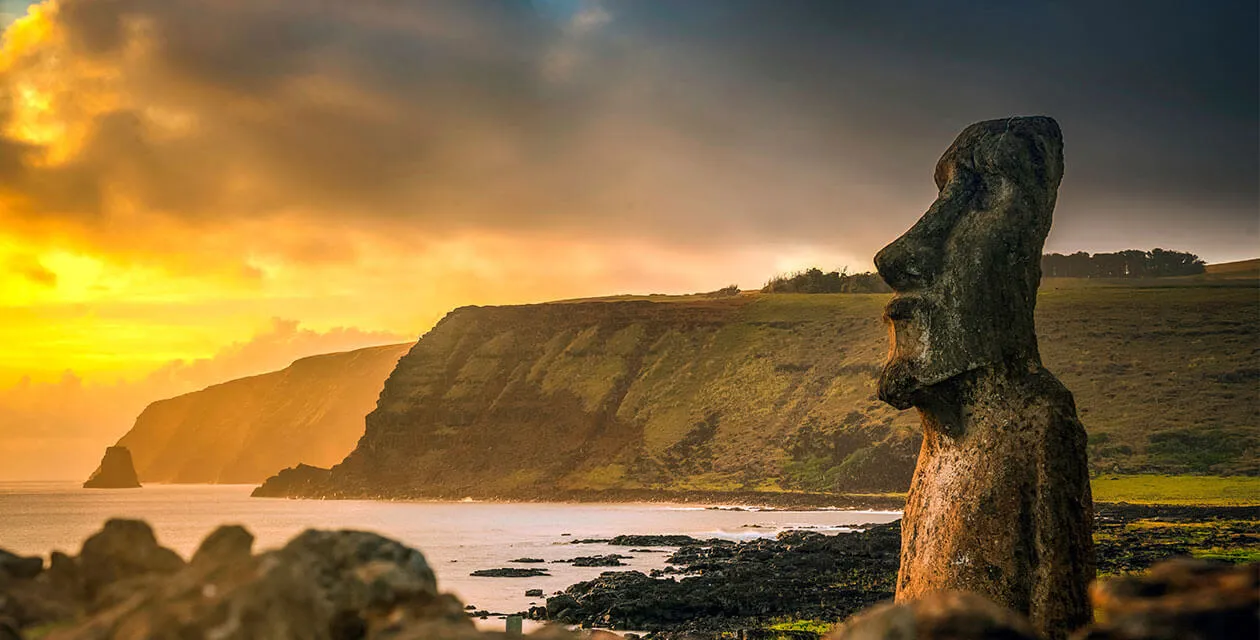 Moai statue of Easter Island with sunset back